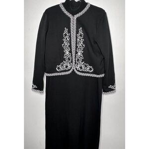 Vintage Boho Art To Wear L Black Knit MAXI Dress Matching Cardigan Embroidery